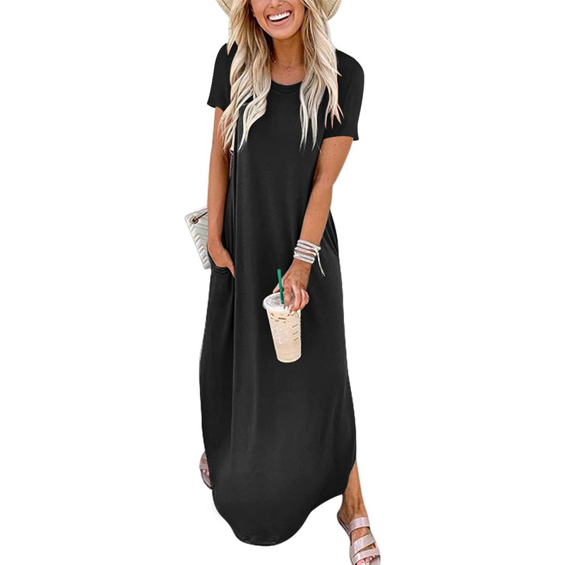 Women's Casual Loose Short Sleeve Pocket Split Maxi Dress | fabeslos.com