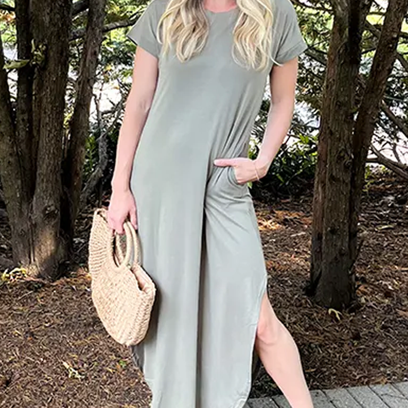 Women's Casual Loose Short Sleeve Pocket Split Maxi Dress | fabeslos.com