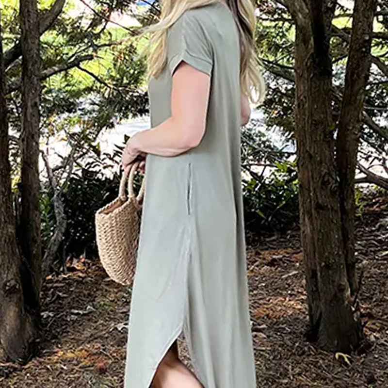 Women's Casual Loose Short Sleeve Pocket Split Maxi Dress | fabeslos.com
