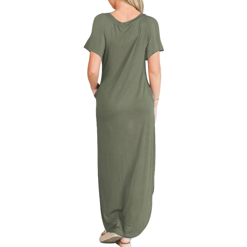 Women's Casual Loose Short Sleeve Pocket Split Maxi Dress | fabeslos.com