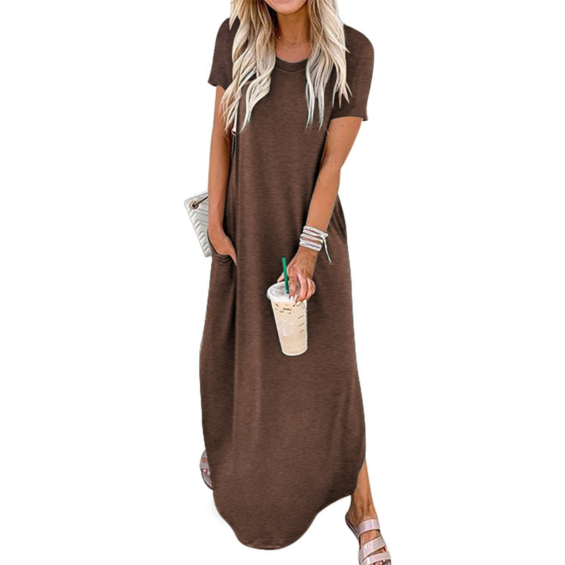 Women's Casual Loose Short Sleeve Pocket Split Maxi Dress | fabeslos.com