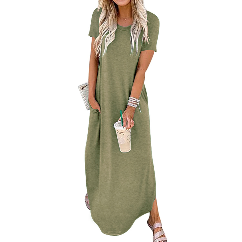Women's Casual Loose Short Sleeve Pocket Split Maxi Dress | fabeslos.com