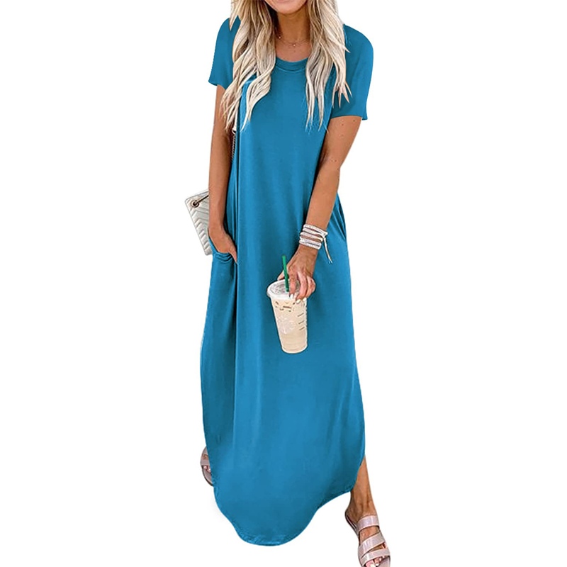 Women's Casual Loose Short Sleeve Pocket Split Maxi Dress | fabeslos.com
