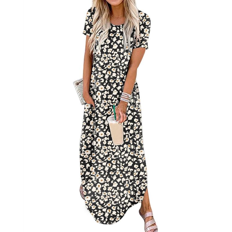 Women's Casual Loose Short Sleeve Pocket Split Maxi Dress | fabeslos.com