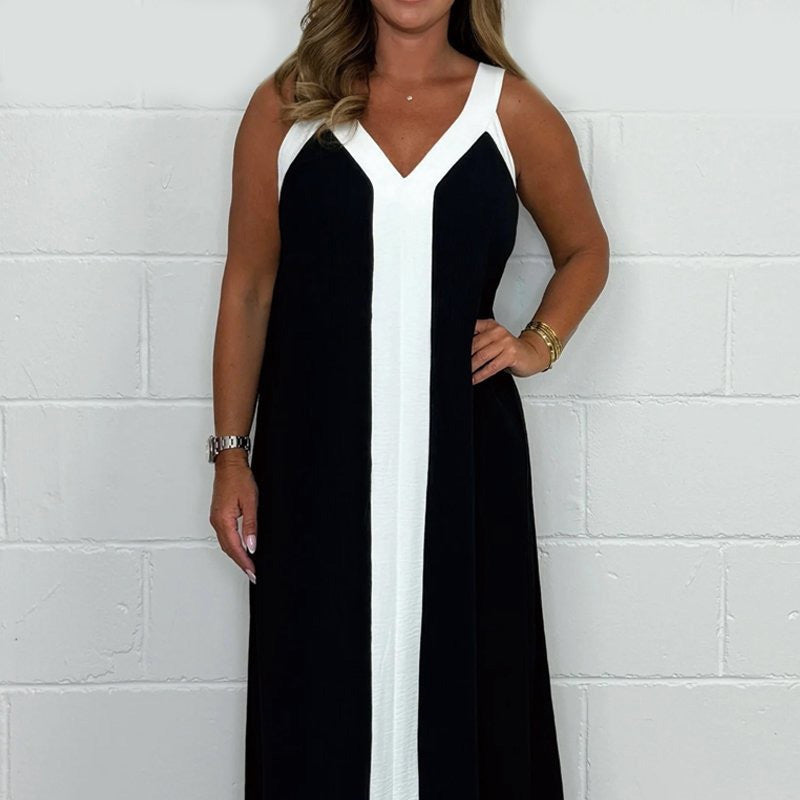 Fabeslos.com Women's V-Neck Sleeveless Color Block Maxi Dress - Chic & Comfortable