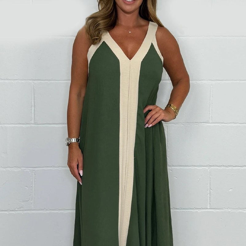 Fabeslos.com Women's V-Neck Sleeveless Color Block Maxi Dress - Chic & Comfortable