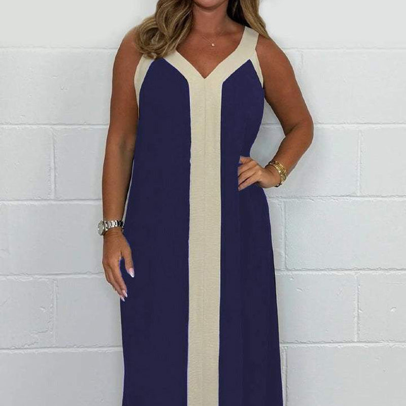 Fabeslos.com Women's V-Neck Sleeveless Color Block Maxi Dress - Chic & Comfortable