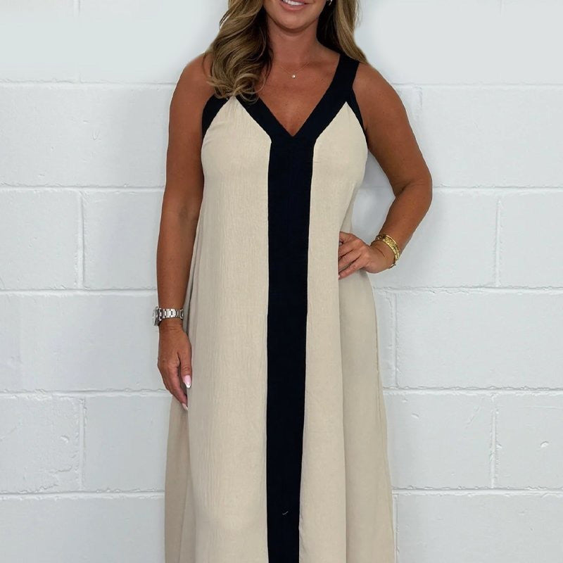 Fabeslos.com Women's V-Neck Sleeveless Color Block Maxi Dress - Chic & Comfortable