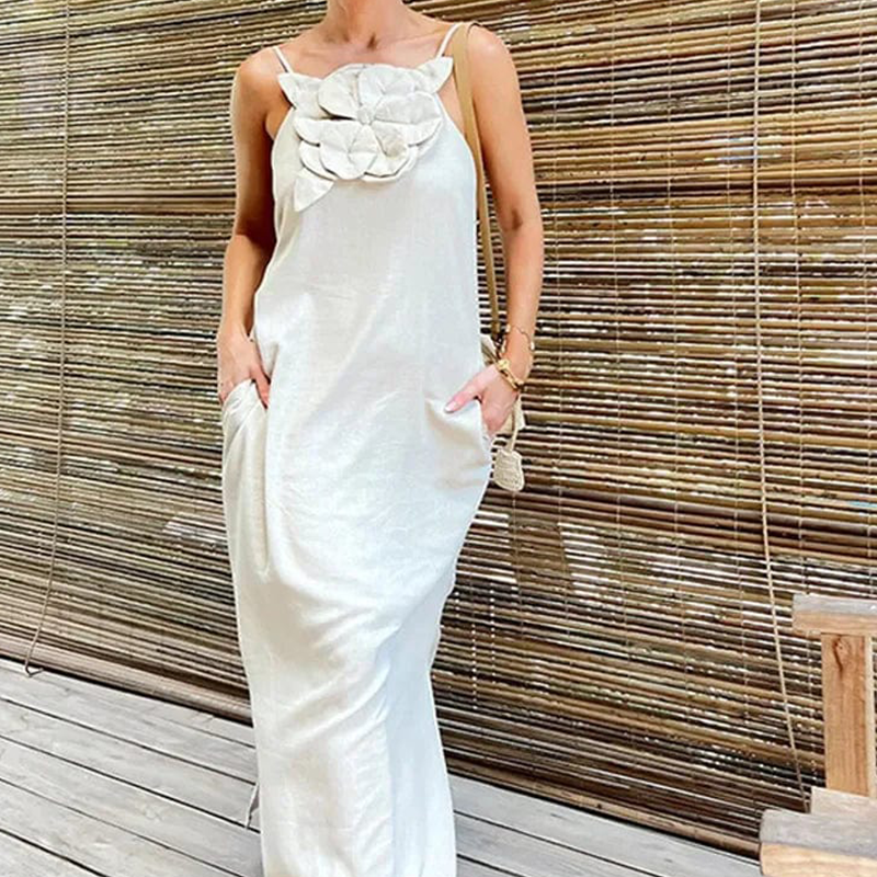 Women's Elegant Spaghetti Strap Maxi Dress with Floral Accent | fabeslos.com