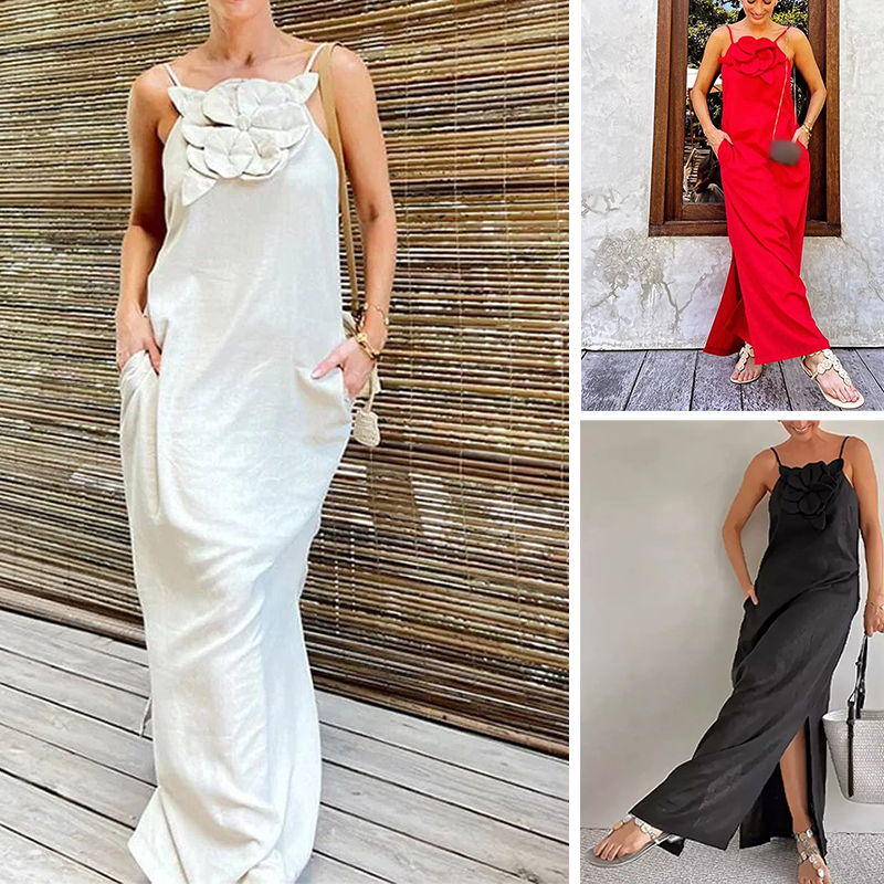 Women's Elegant Spaghetti Strap Maxi Dress with Floral Accent | fabeslos.com