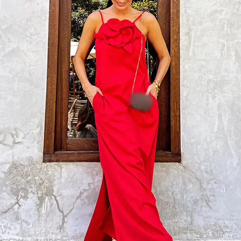 Women's Elegant Spaghetti Strap Maxi Dress with Floral Accent | fabeslos.com