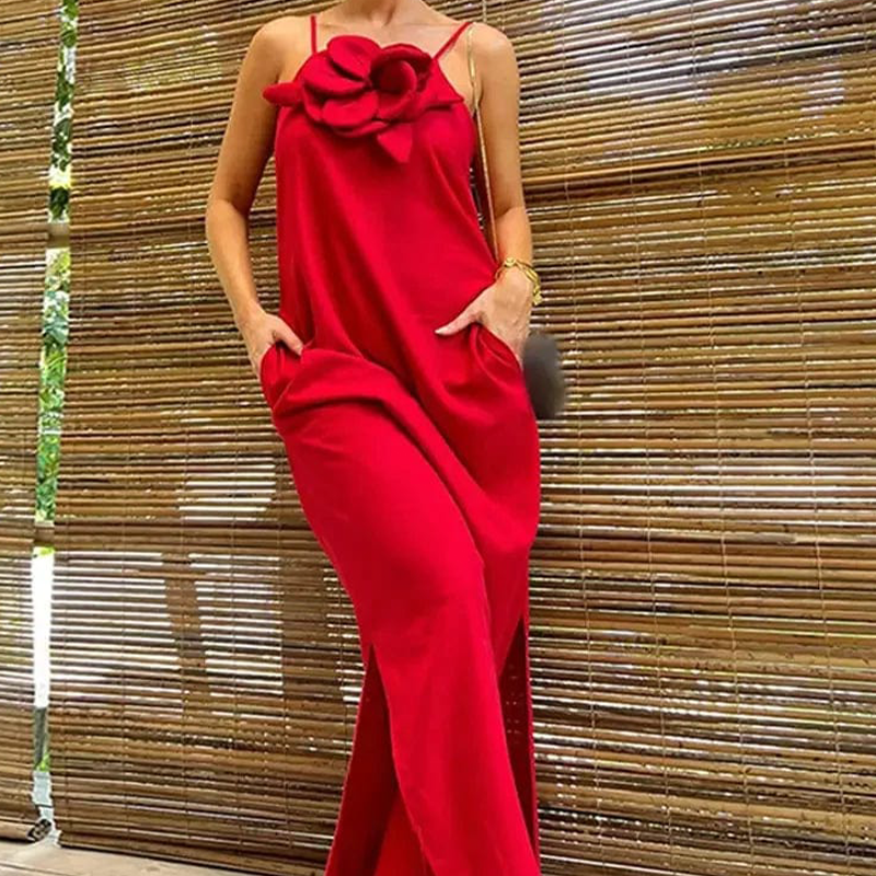 Women's Elegant Spaghetti Strap Maxi Dress with Floral Accent | fabeslos.com