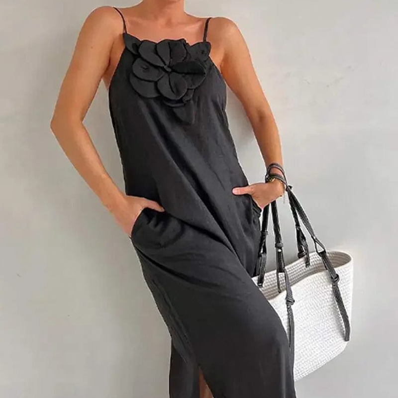Women's Elegant Spaghetti Strap Maxi Dress with Floral Accent | fabeslos.com