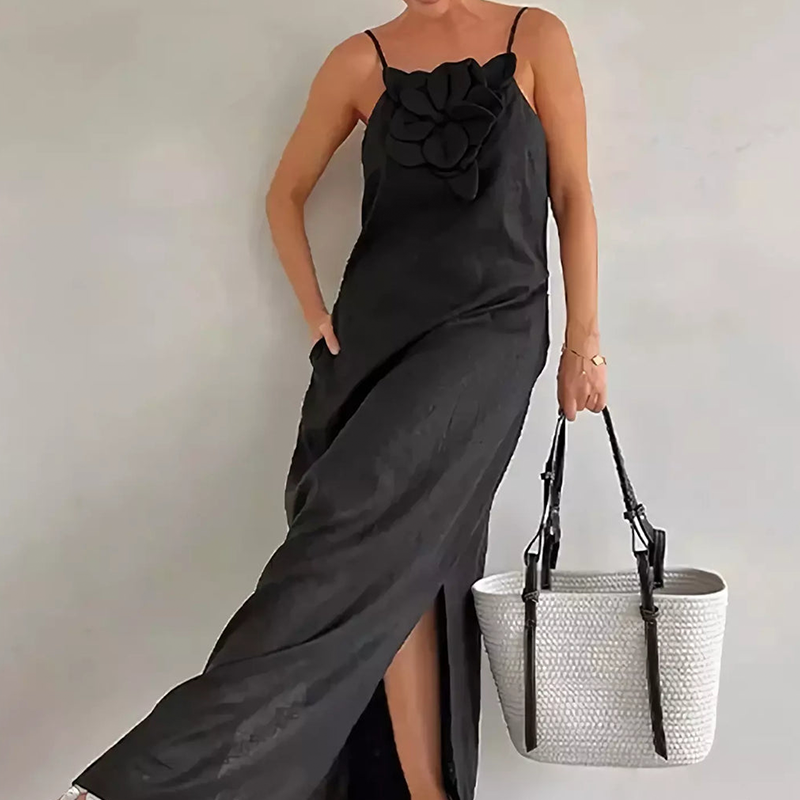 Women's Elegant Spaghetti Strap Maxi Dress with Floral Accent | fabeslos.com