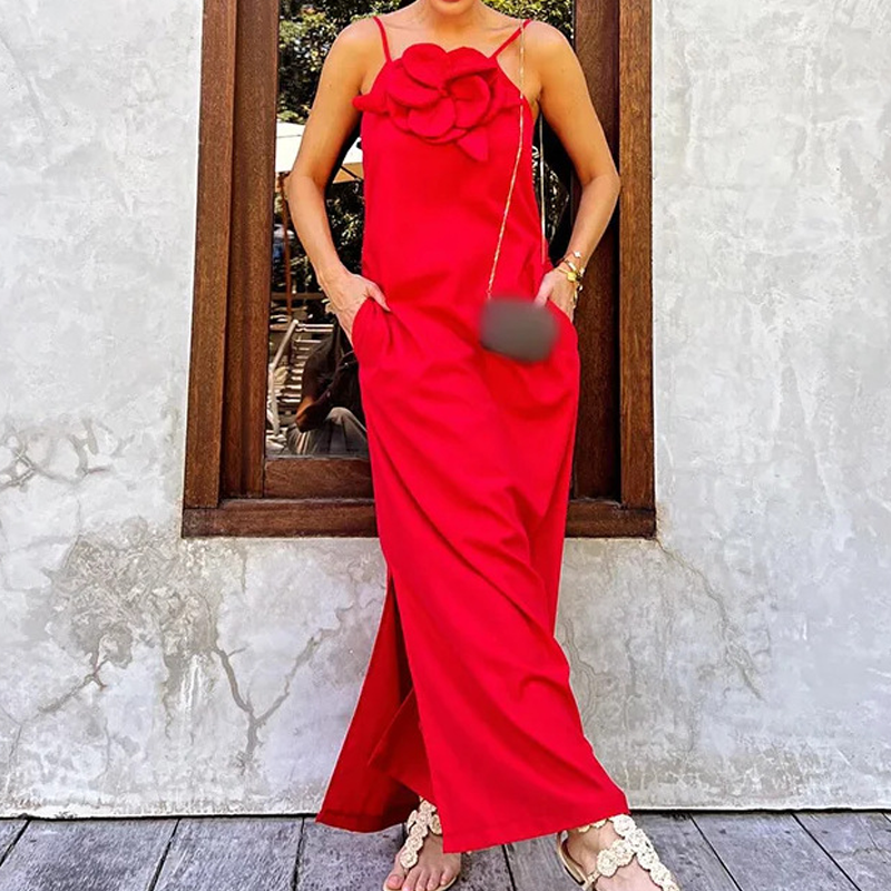 Women's Elegant Spaghetti Strap Maxi Dress with Floral Accent | fabeslos.com