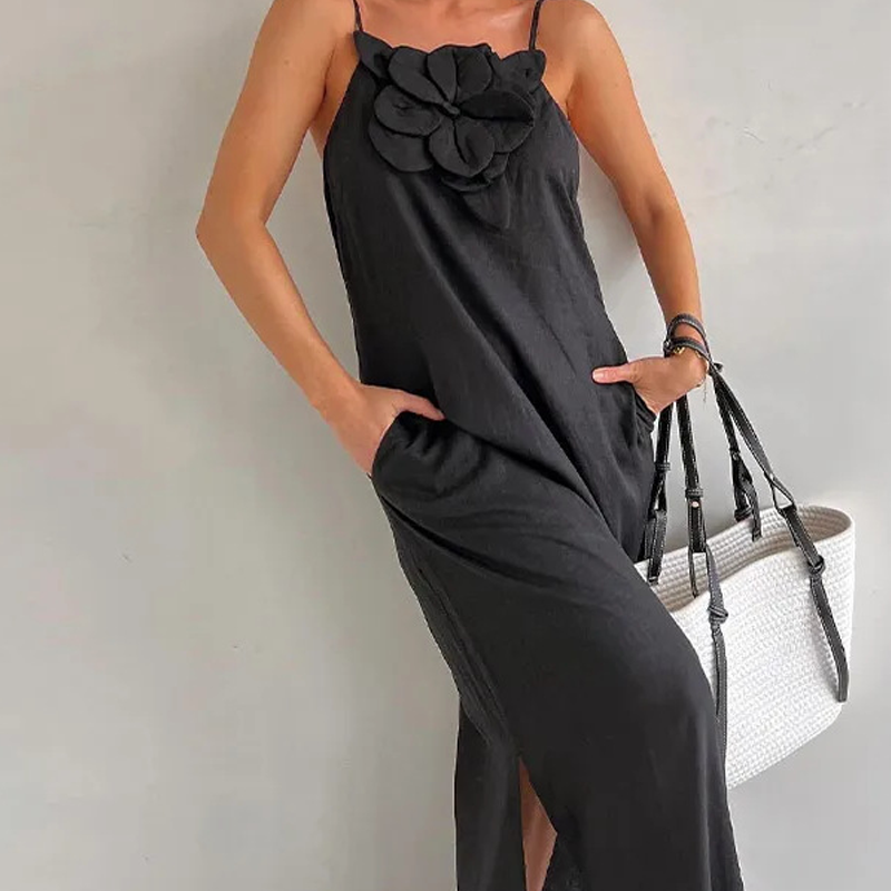 Women's Elegant Spaghetti Strap Maxi Dress with Floral Accent | fabeslos.com